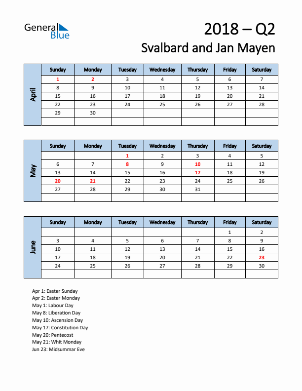 Free Q2 2018 Calendar for Svalbard and Jan Mayen - Sunday Start