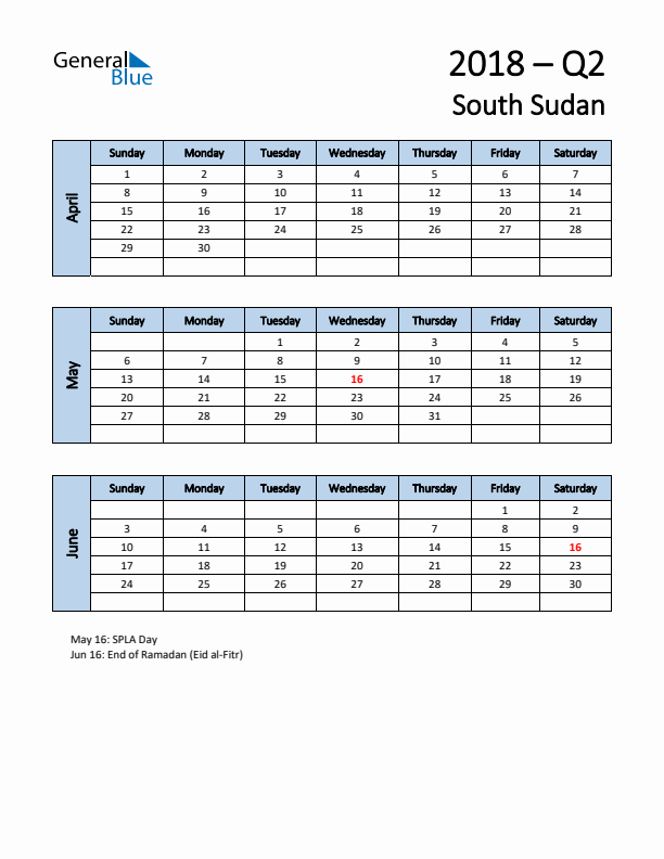Free Q2 2018 Calendar for South Sudan - Sunday Start