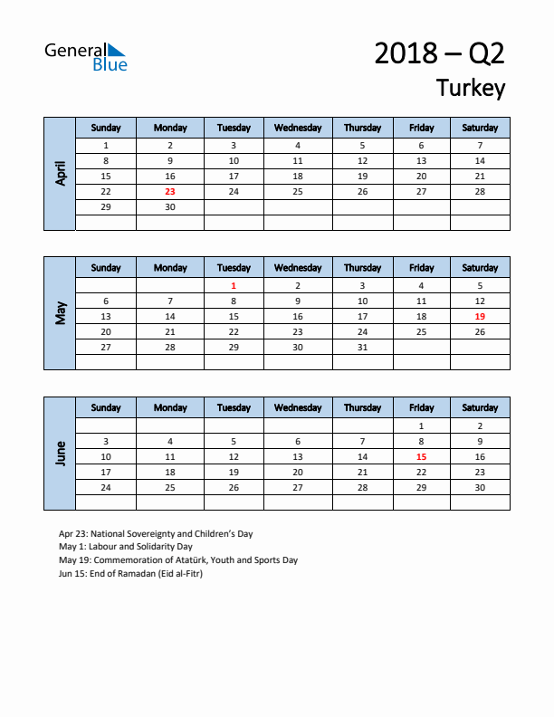 Free Q2 2018 Calendar for Turkey - Sunday Start
