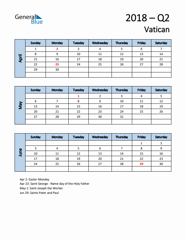 Free Q2 2018 Calendar for Vatican - Sunday Start