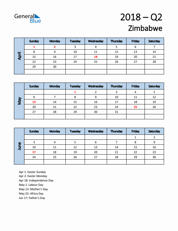 Free Q2 2018 Calendar for Zimbabwe - Sunday Start