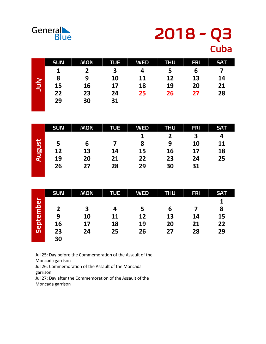  Q3 2018 Calendar with Holidays