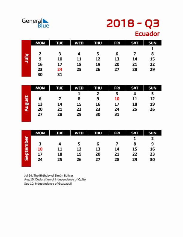 Q3 2018 Calendar with Holidays