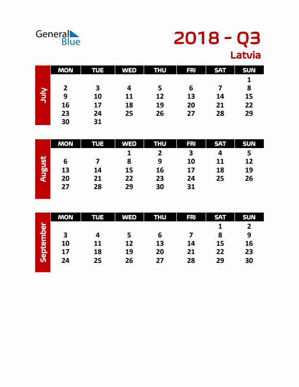 Q3 2018 Calendar with Holidays
