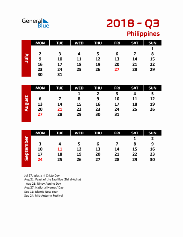 Q3 2018 Calendar with Holidays