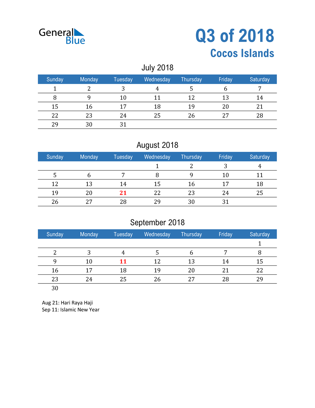  Cocos Islands 2018 Quarterly Calendar 