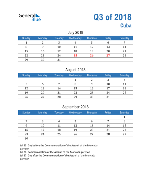  Cuba 2018 Quarterly Calendar 