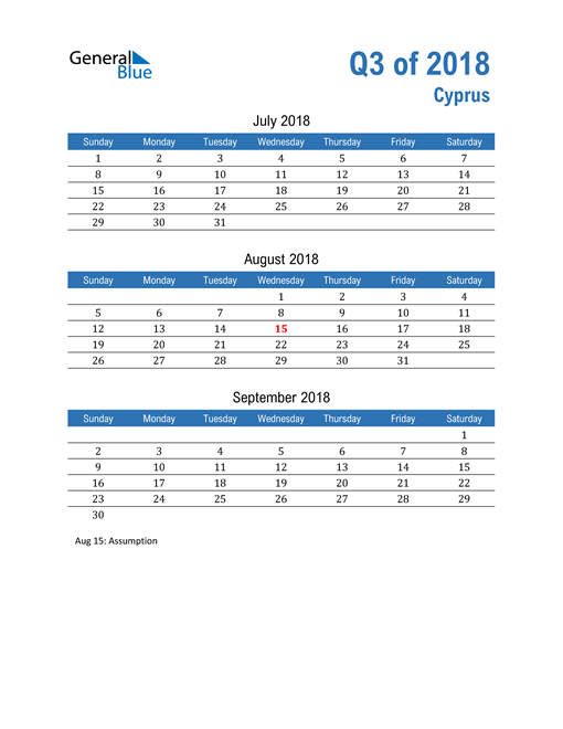  Cyprus 2018 Quarterly Calendar 