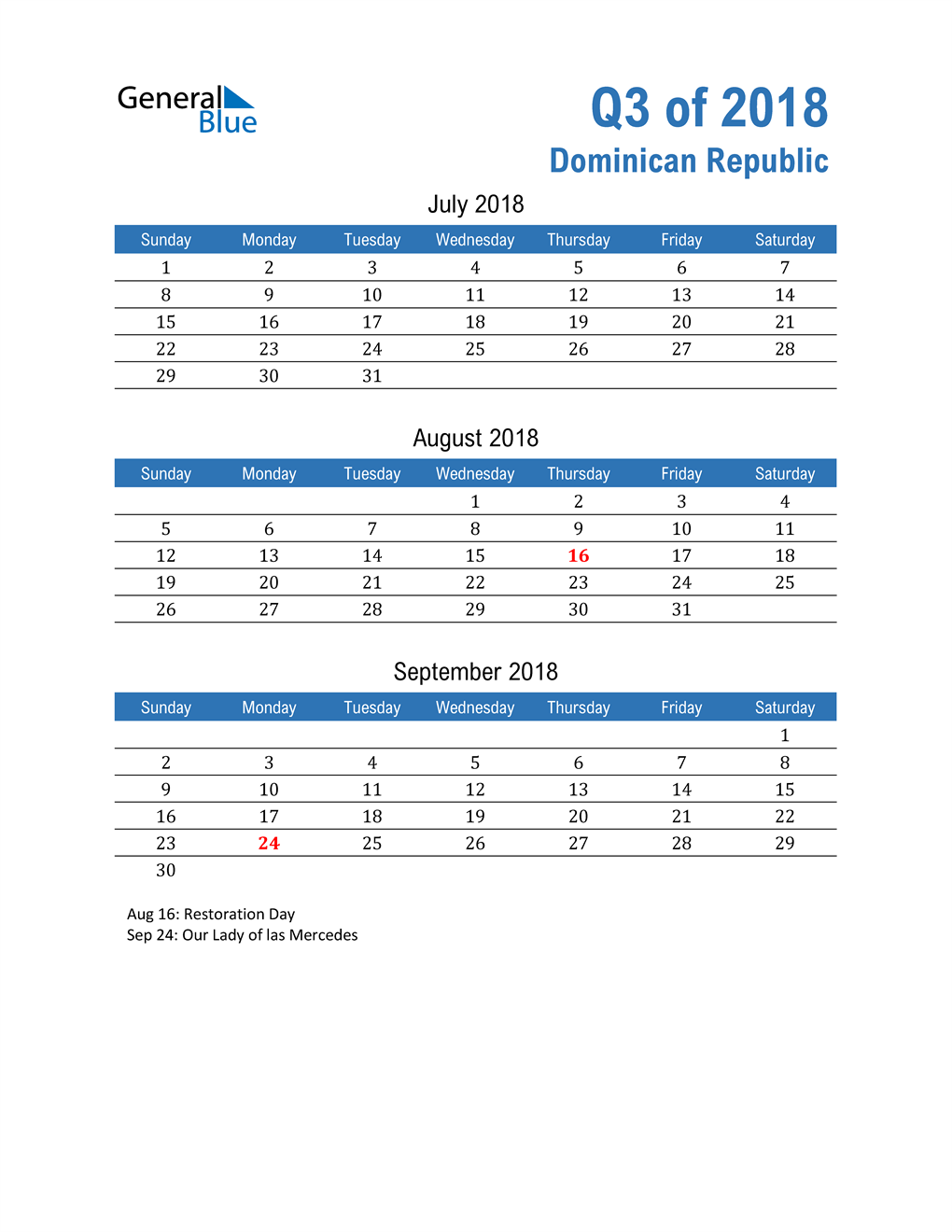  Dominican Republic 2018 Quarterly Calendar 