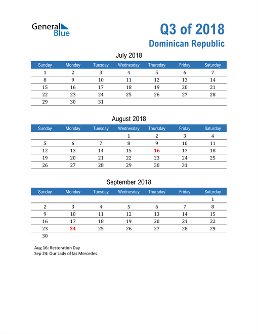  Dominican Republic 2018 Quarterly Calendar 