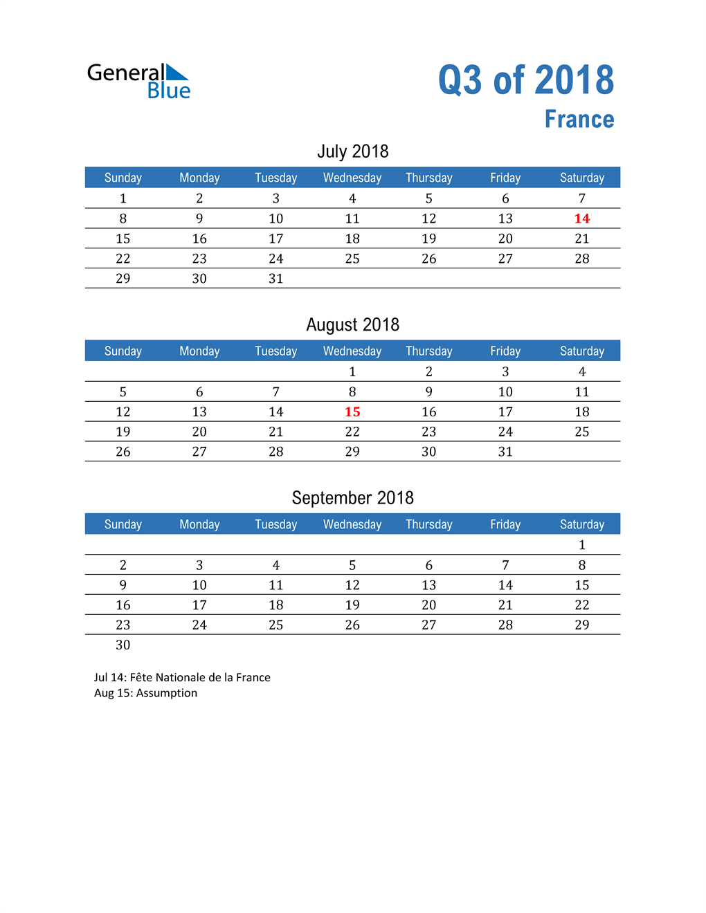 France 2018 Quarterly Calendar 