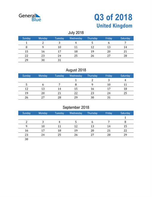  United Kingdom 2018 Quarterly Calendar 