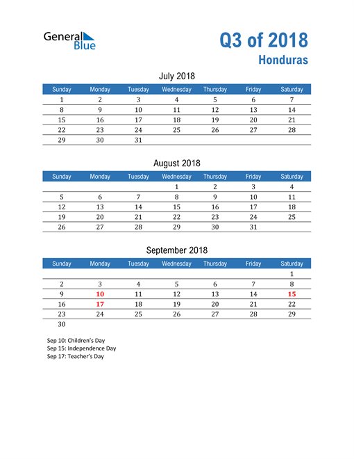  Honduras 2018 Quarterly Calendar 
