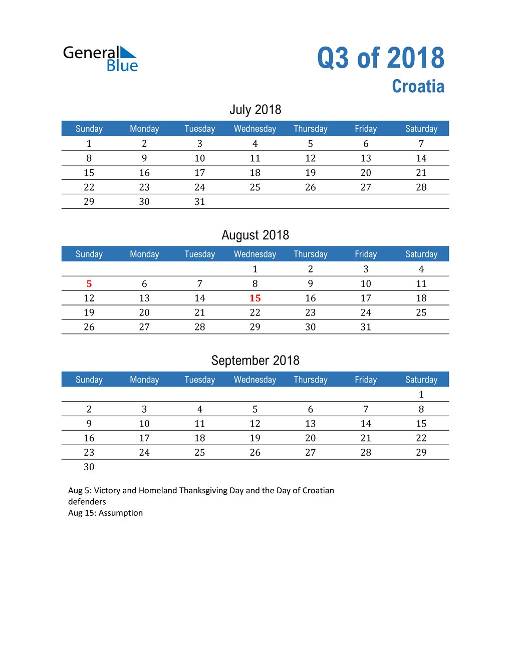  Croatia 2018 Quarterly Calendar 