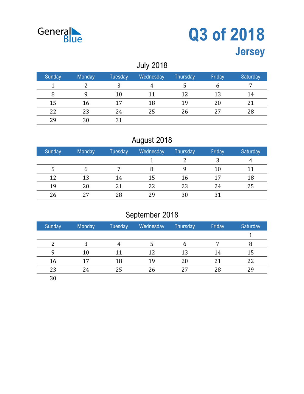  Jersey 2018 Quarterly Calendar 