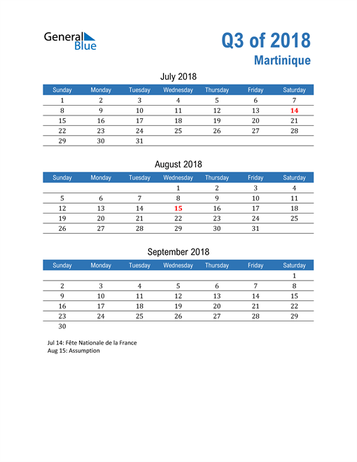  Martinique 2018 Quarterly Calendar 