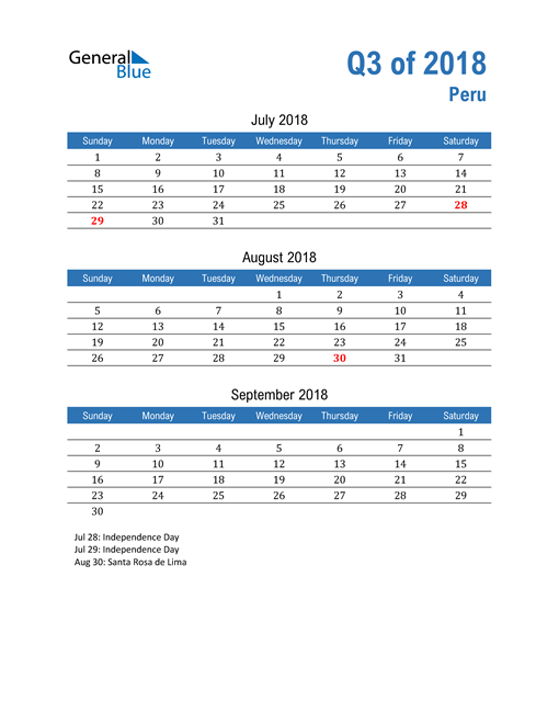  Peru 2018 Quarterly Calendar 