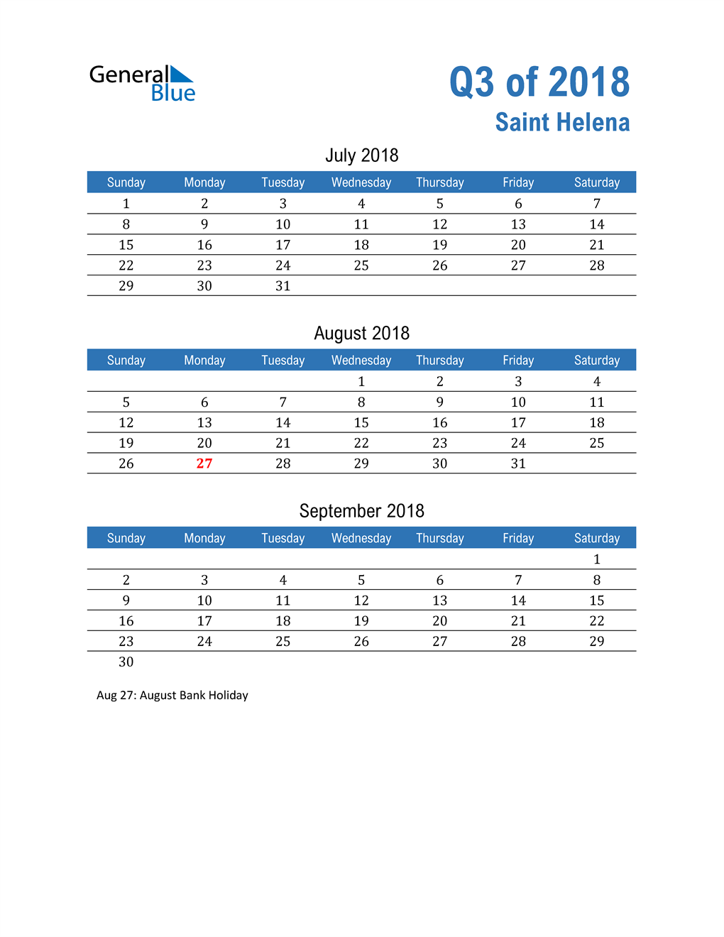  Saint Helena 2018 Quarterly Calendar 