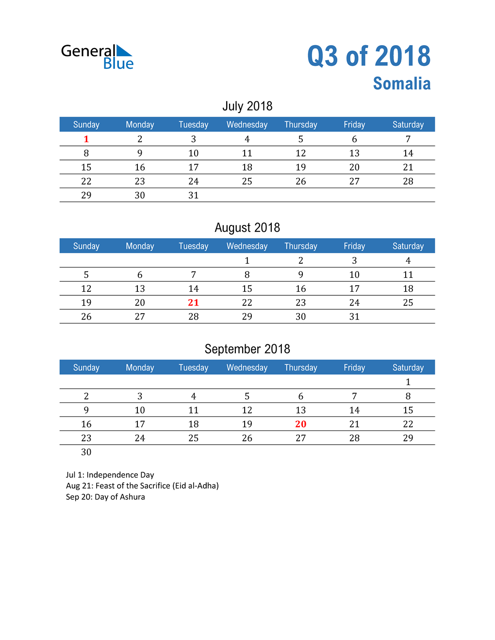  Somalia 2018 Quarterly Calendar 
