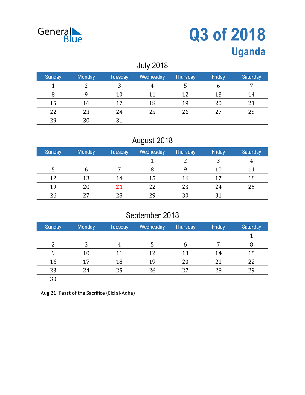 Uganda 2018 Quarterly Calendar 