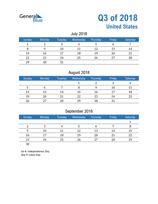  United States 2018 Quarterly Calendar 