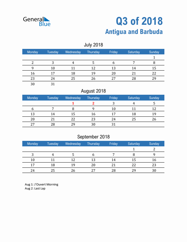 Antigua and Barbuda 2018 Quarterly Calendar with Monday Start