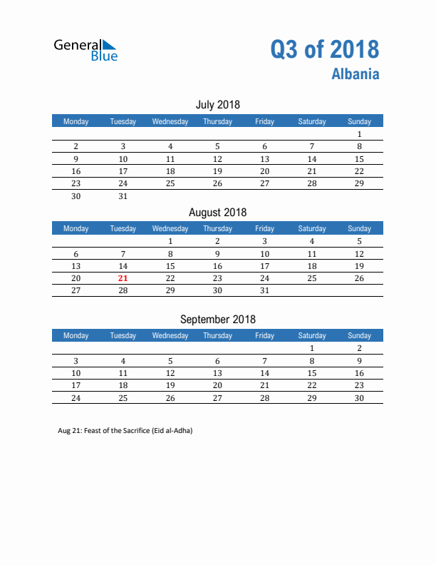 Albania 2018 Quarterly Calendar with Monday Start