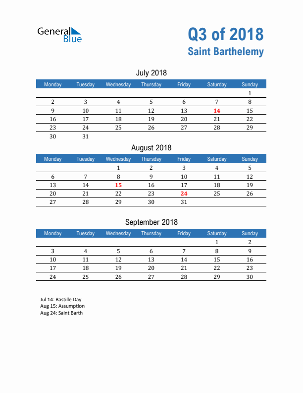 Saint Barthelemy 2018 Quarterly Calendar with Monday Start