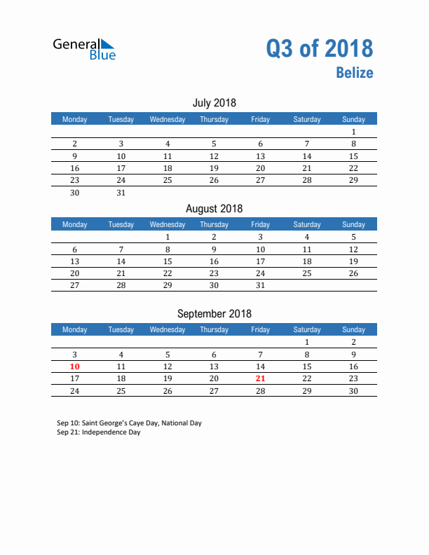 Belize 2018 Quarterly Calendar with Monday Start
