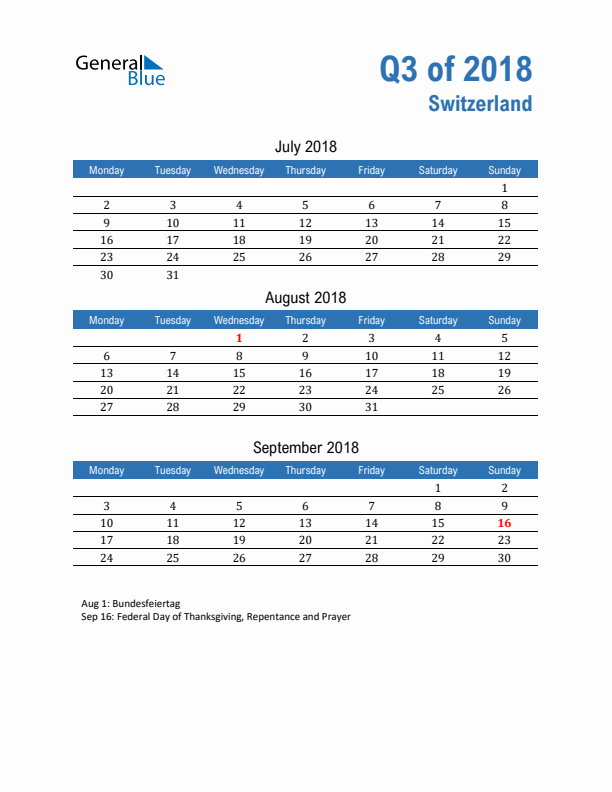 Switzerland 2018 Quarterly Calendar with Monday Start