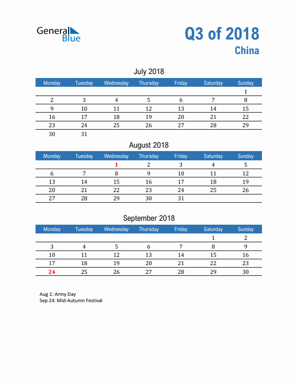 China 2018 Quarterly Calendar with Monday Start