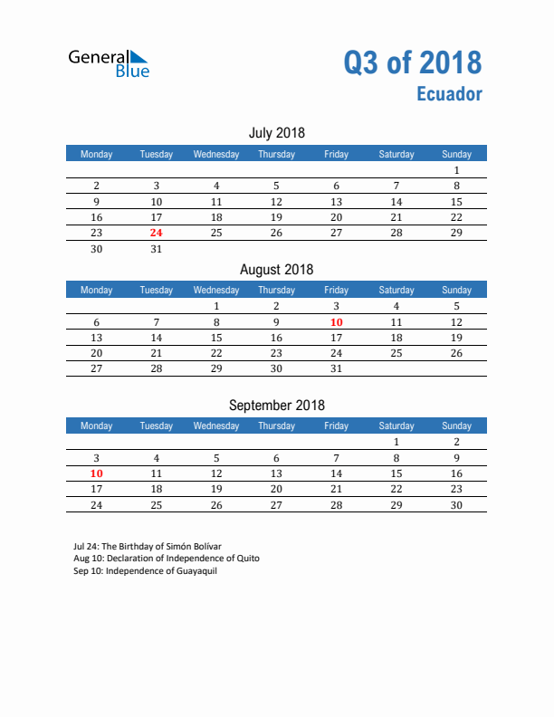 Ecuador 2018 Quarterly Calendar with Monday Start