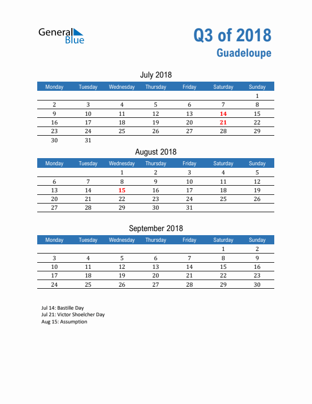 Guadeloupe 2018 Quarterly Calendar with Monday Start