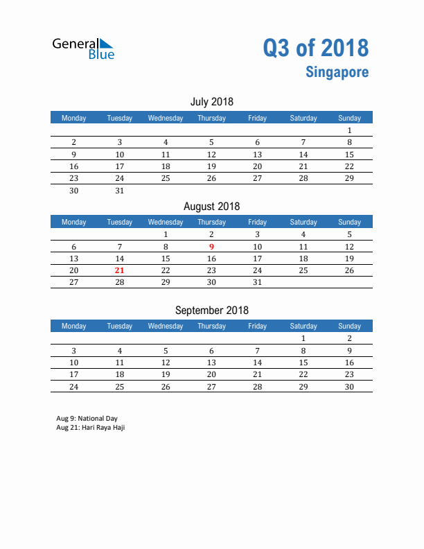 Singapore 2018 Quarterly Calendar with Monday Start