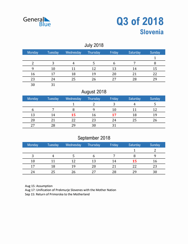 Slovenia 2018 Quarterly Calendar with Monday Start