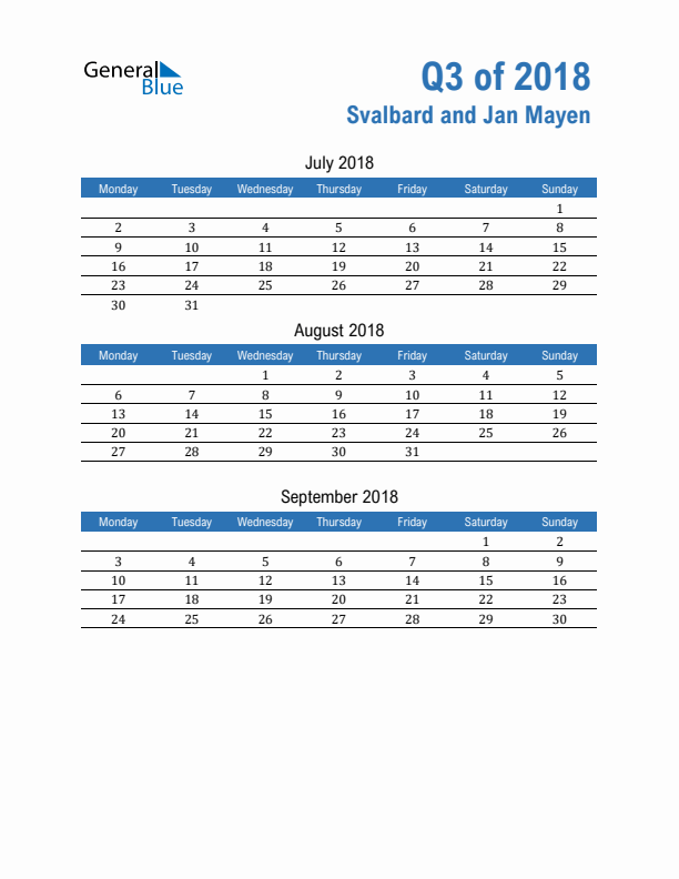 Svalbard and Jan Mayen 2018 Quarterly Calendar with Monday Start
