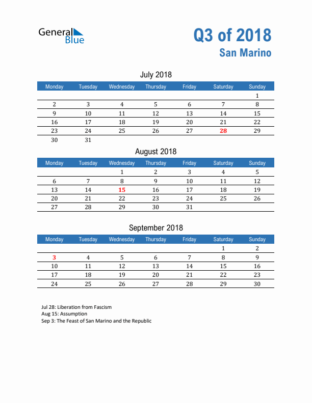 San Marino 2018 Quarterly Calendar with Monday Start