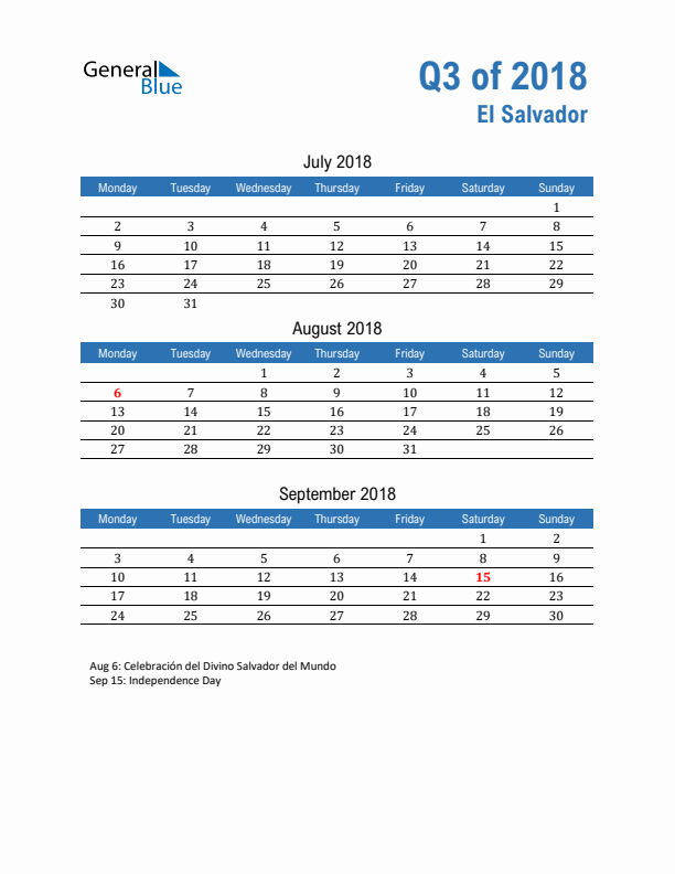 El Salvador 2018 Quarterly Calendar with Monday Start