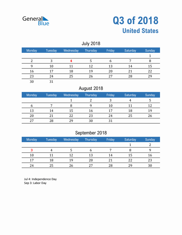 United States 2018 Quarterly Calendar with Monday Start