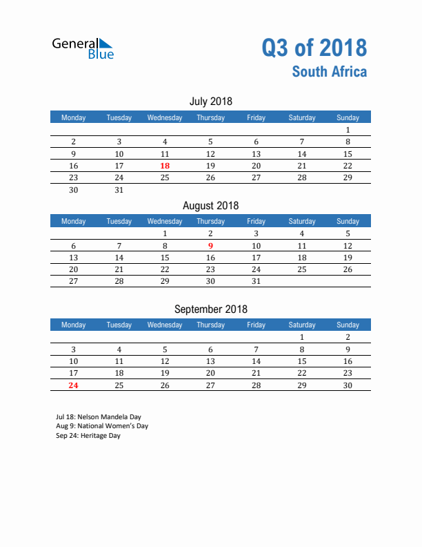 South Africa 2018 Quarterly Calendar with Monday Start