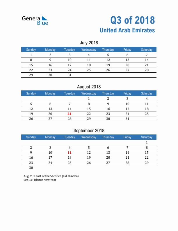 United Arab Emirates 2018 Quarterly Calendar with Sunday Start