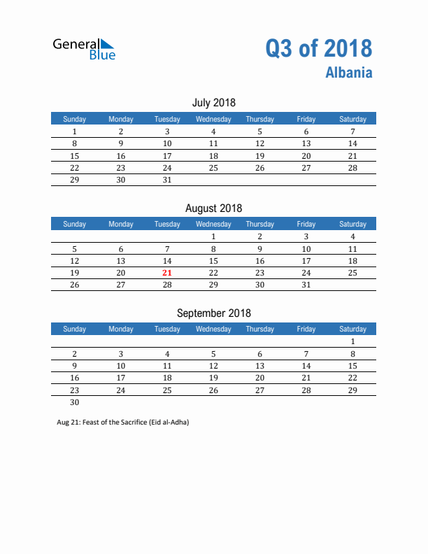 Albania 2018 Quarterly Calendar with Sunday Start