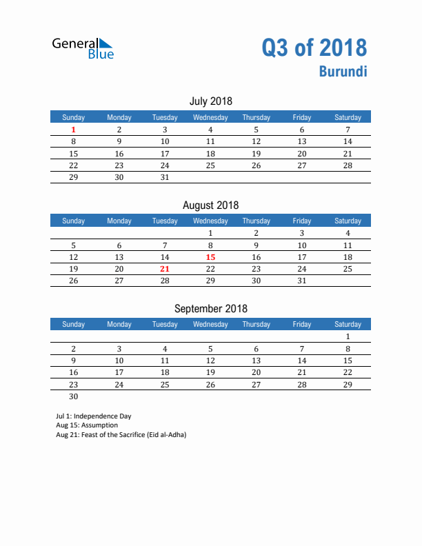 Burundi 2018 Quarterly Calendar with Sunday Start