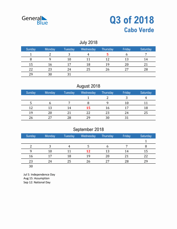 Cabo Verde 2018 Quarterly Calendar with Sunday Start