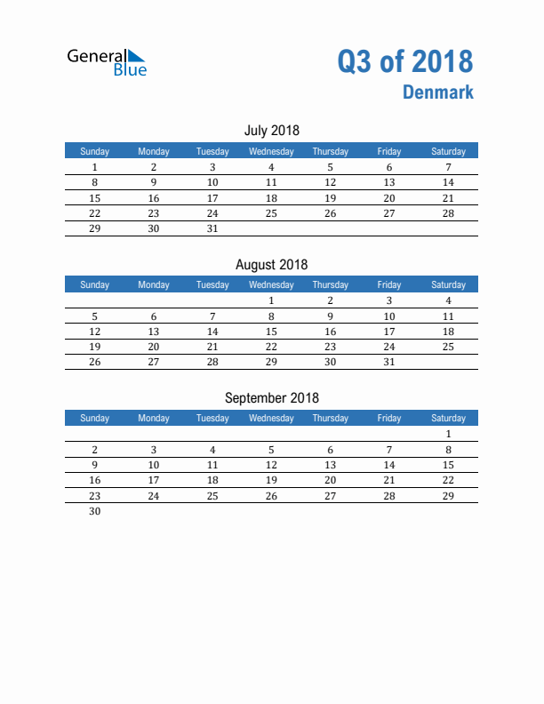 Denmark 2018 Quarterly Calendar with Sunday Start