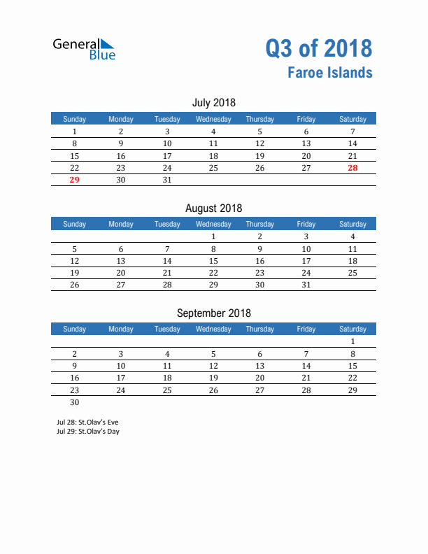 Faroe Islands 2018 Quarterly Calendar with Sunday Start