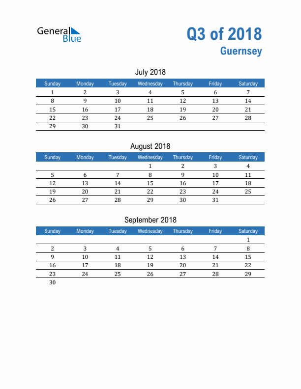 Guernsey 2018 Quarterly Calendar with Sunday Start