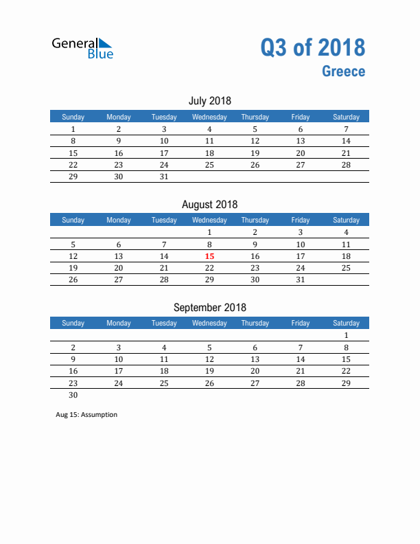 Greece 2018 Quarterly Calendar with Sunday Start