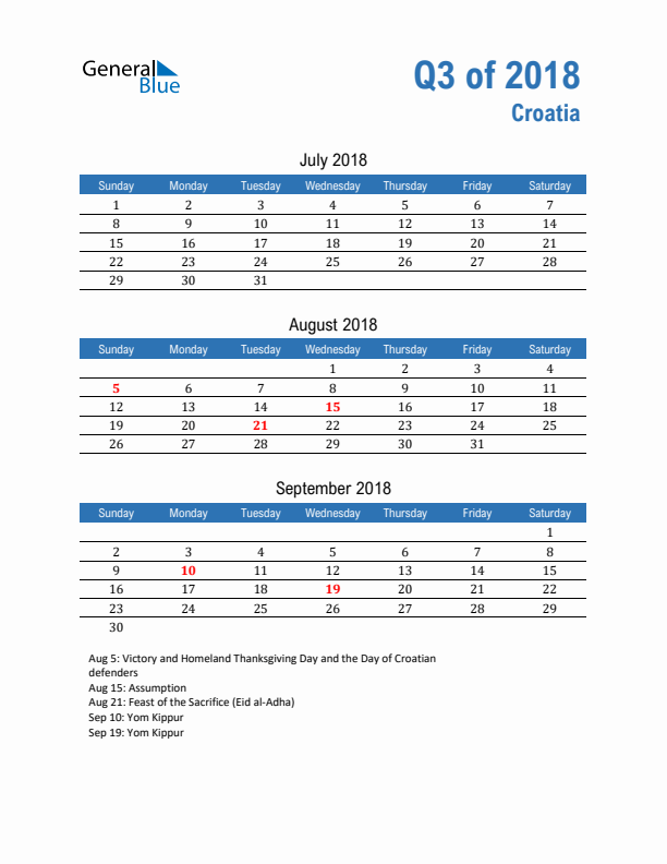 Croatia 2018 Quarterly Calendar with Sunday Start