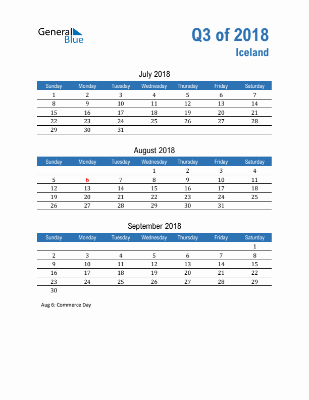 Iceland 2018 Quarterly Calendar with Sunday Start